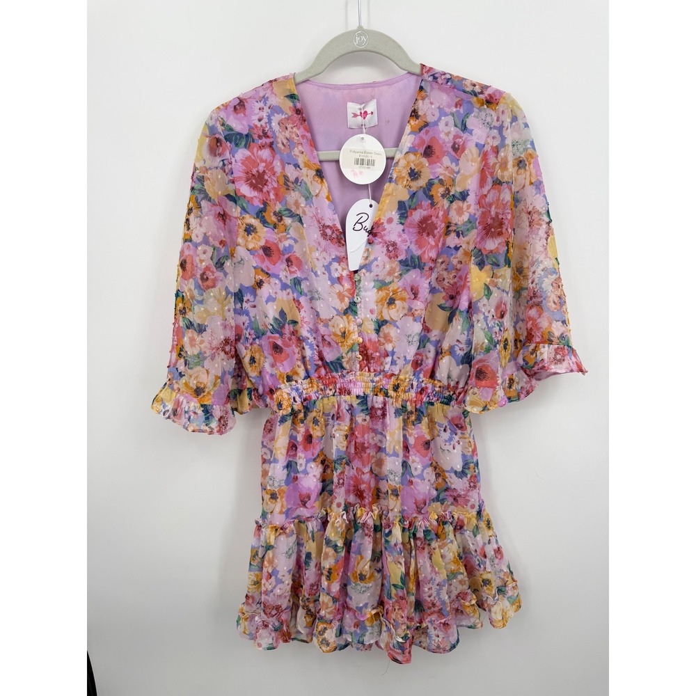 BuddyLove Pollyanna Estate Mini Dress Womens Small Purple Floral Clip Dot Ruffle